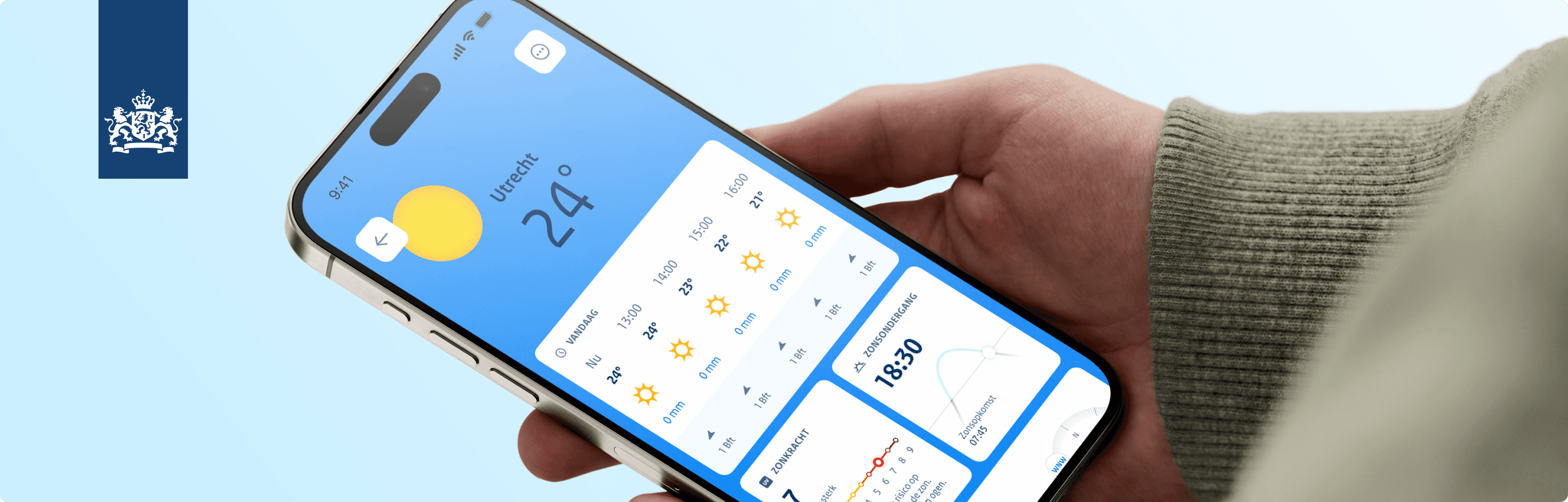 A white hand holding an iphone with the mobile weather app open