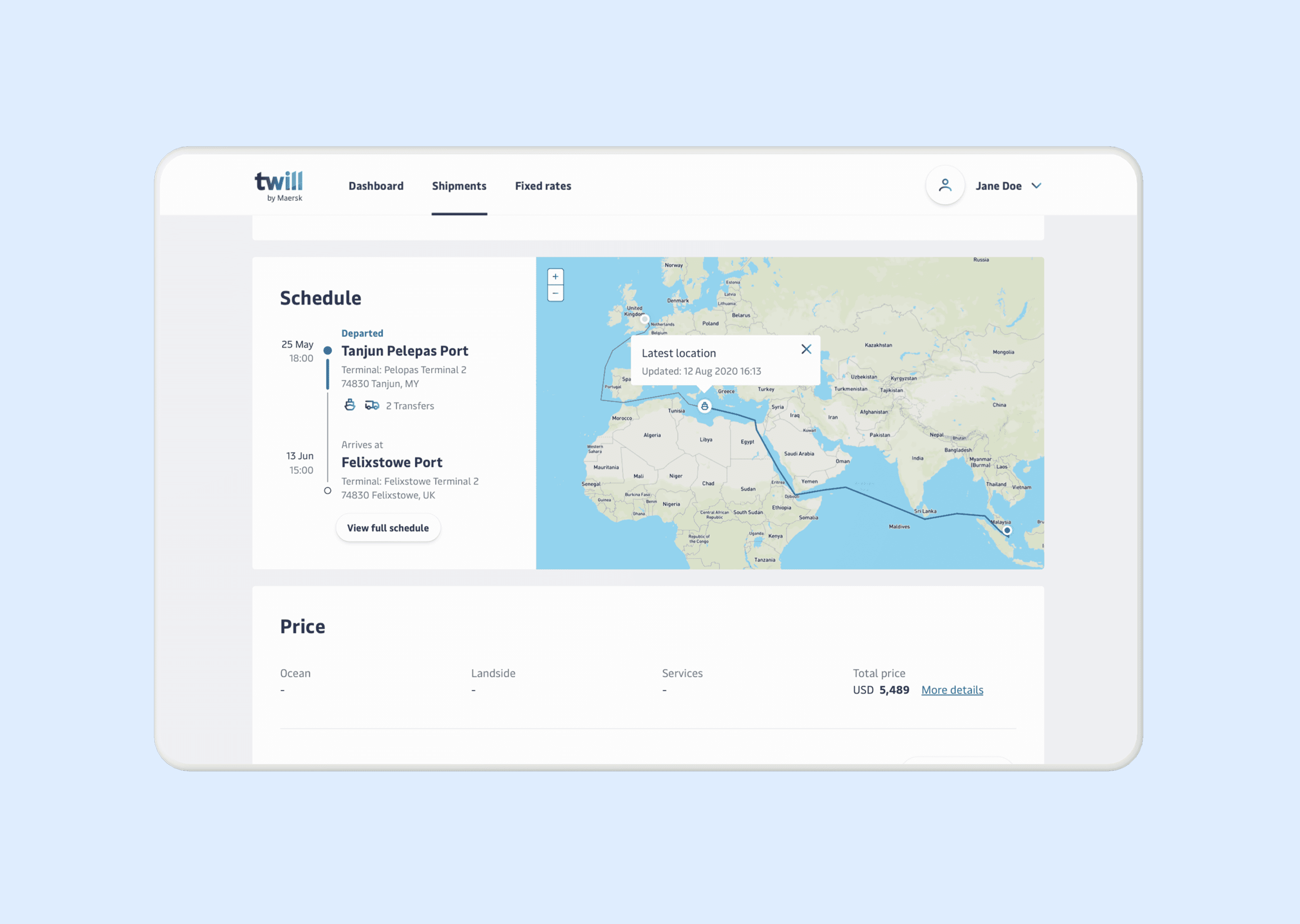 A desktop displaying an interface of tracking route and map for a vessel with cargo shipment